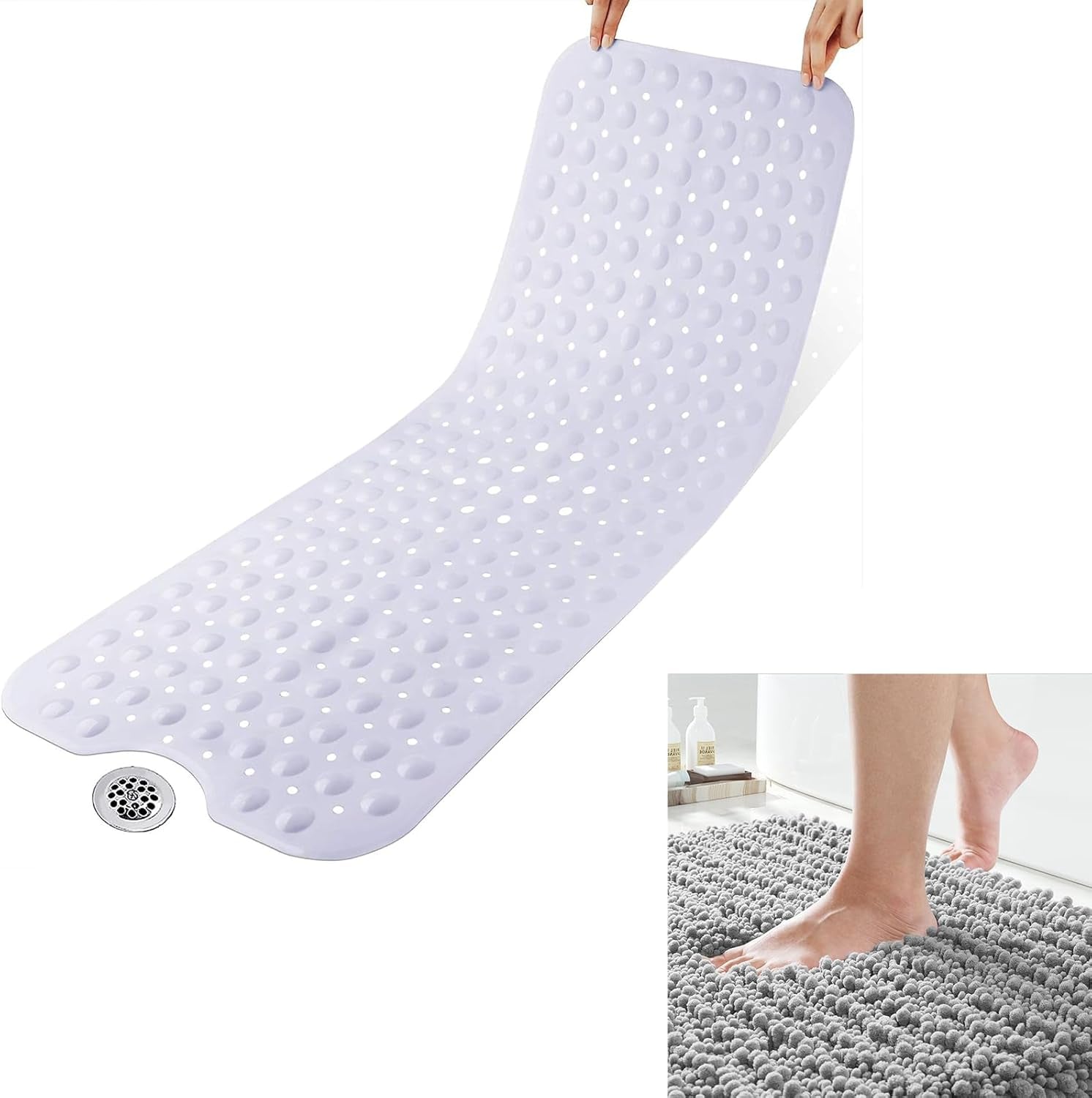 Original Bathtub Mat Non Slip, Extra Long Mat for Tub with Big Suction Cups and Drain Holes, Machine Washable Tub Shower Mats for Bathroom 16 X 40 Inches, Phthalate Latex Free, White