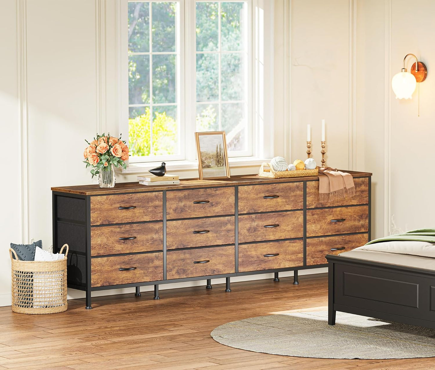 70-Inch Rustic Brown Dresser and TV Stand for 65, 75, and 80-Inch TVs, Featuring 12 Fabric Drawers and Ample Storage for Bedroom Entertainment Centers