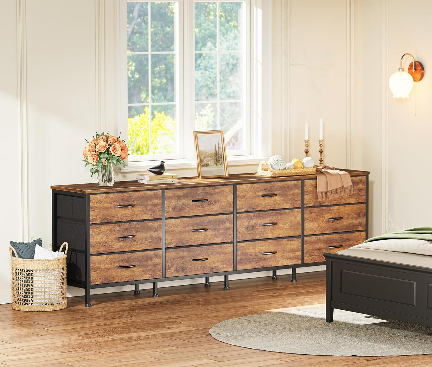 70-Inch Rustic Brown Dresser and TV Stand for 65, 75, and 80-Inch TVs, Featuring 12 Fabric Drawers and Ample Storage for Bedroom Entertainment Centers