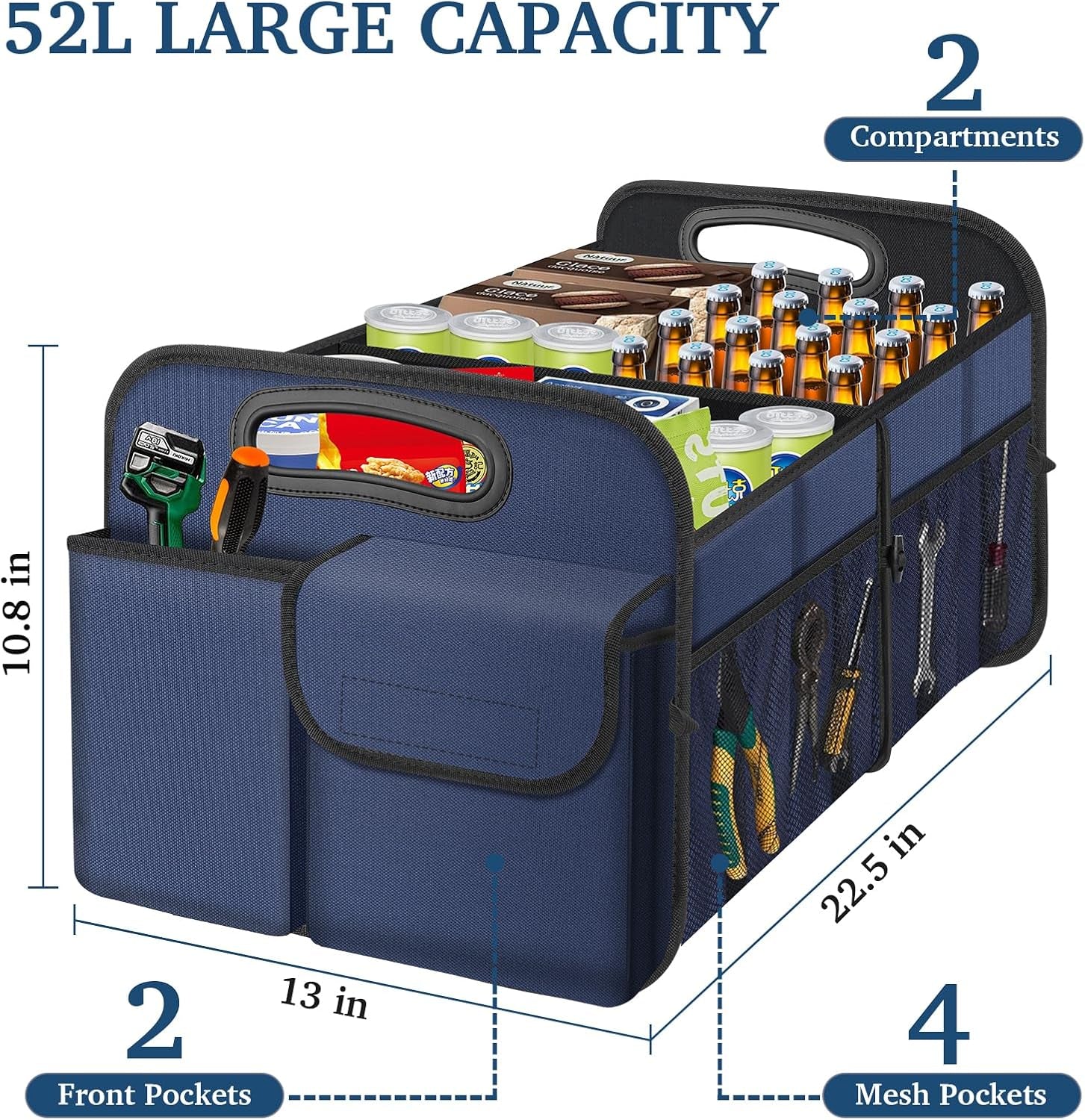 Car Trunk Organizer, Collapsible, Waterproof, Non-Slip, Blue, 52L, 5 Compartments, Rectangular, Portable, Practical/Functional