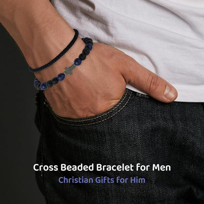 Cross Communion Beads Bracelets Gifts for Teenage Boys, Christian Baptism Lapis Lazuli Bracelets Gifts for Grandson Son Brother Cousin Teens Friends