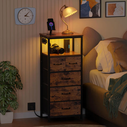 Rustic Brown Vertical Chest with Wood Top, Charging Station, LED Lights, and 5 Fabric Bins - Multifunctional Dresser and Nightstand for Bedroom and Entryway