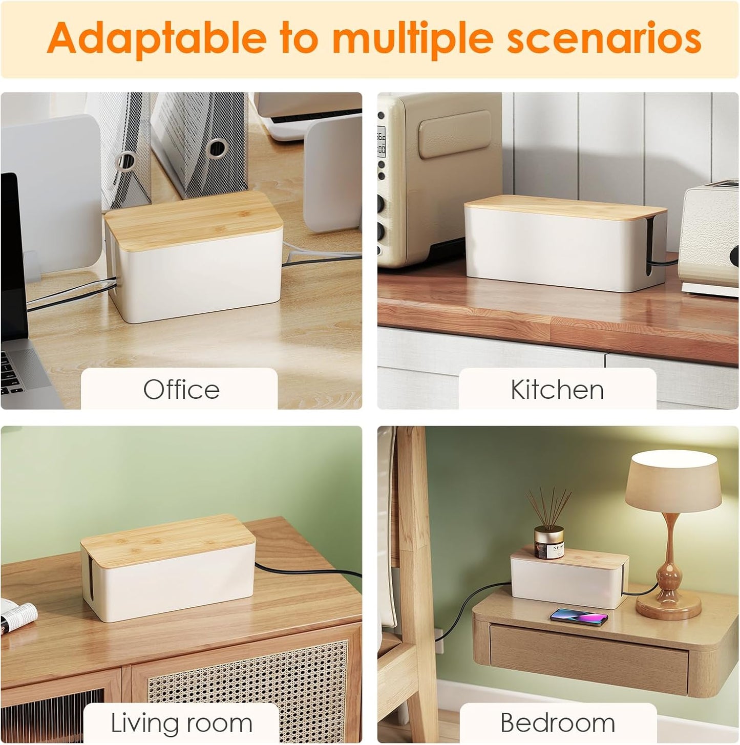 2 Pack Cable Management Box, Safe ABS Wood Grain Desk Medium and Small Cord Organizer, Baby-Pet Proof Lock under Desk Cover Hidden for USB Hub TV Wires Computer Desks and Power Strips