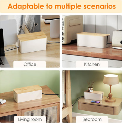 2 Pack Cable Management Box, Safe ABS Wood Grain Desk Medium and Small Cord Organizer, Baby-Pet Proof Lock under Desk Cover Hidden for USB Hub TV Wires Computer Desks and Power Strips