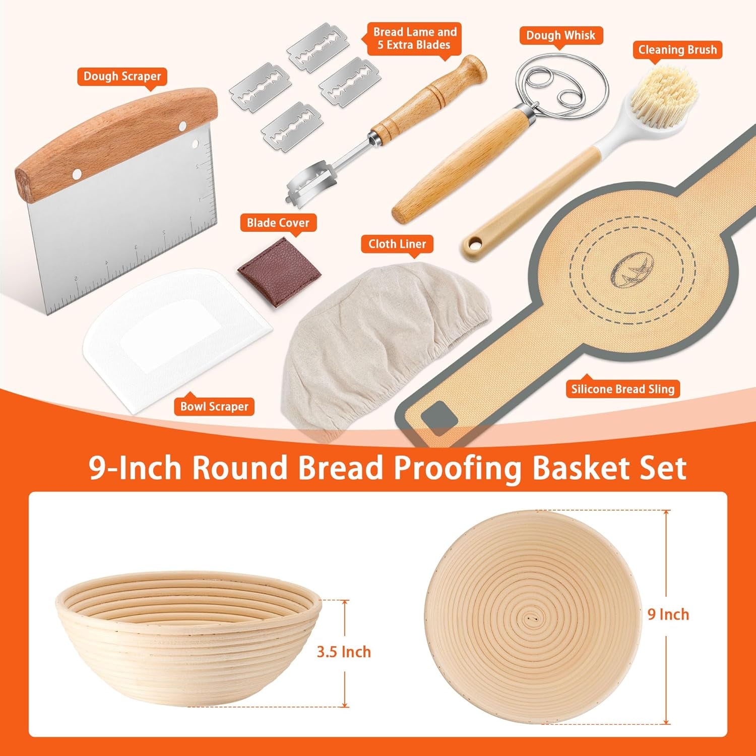 Complete Sourdough Starter Kit, Sourdough Bread Baking Supplies Set, 9'' round Bread Proofing Basket with Other Dough Making Tools, Ideal for Bread Making Baking Fermentation