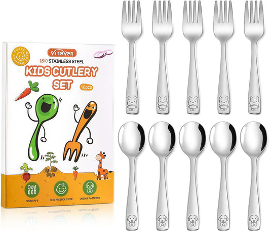 10-Piece Toddler Utensils, Kids Stainless Steel Silverware Set, Children Safe Forks and Spoons - Mirror Polished, Dishwasher Safe