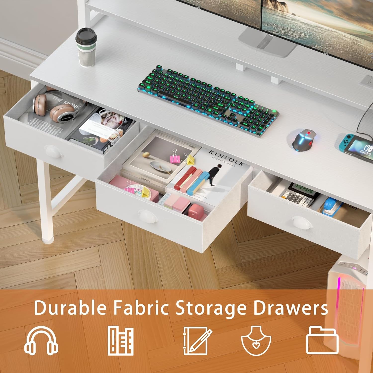 47'' White Computer Desk with 3 Drawers Hutch, LED Lights, Home Office Desks, Gaming Table with Monitor Stand, 2AC Power Outlets and 2 USB Ports, Modern Work Study Table for Bedroom