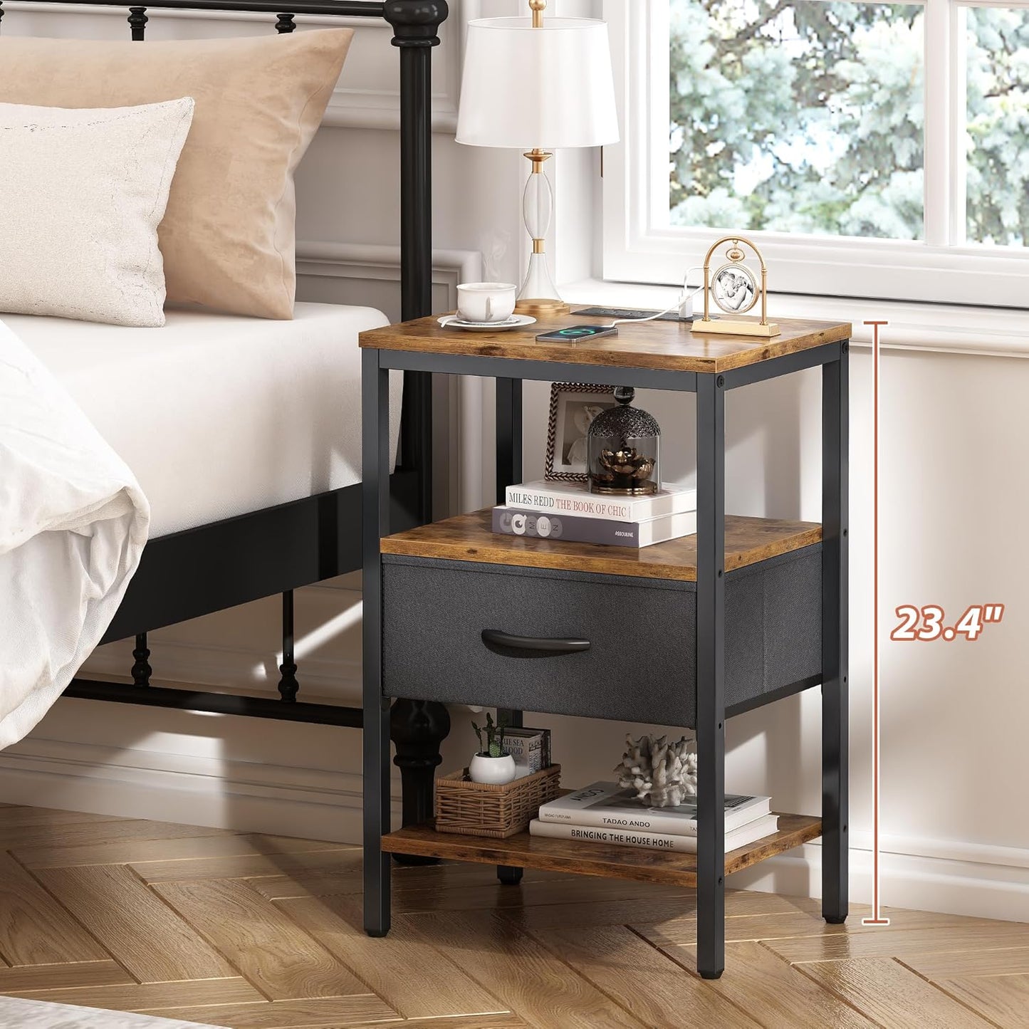Rustic Brown and Black Nightstand with Charging Station and Adjustable Fabric Drawer, 3-Tier Storage End Table for Bedroom and Living Room