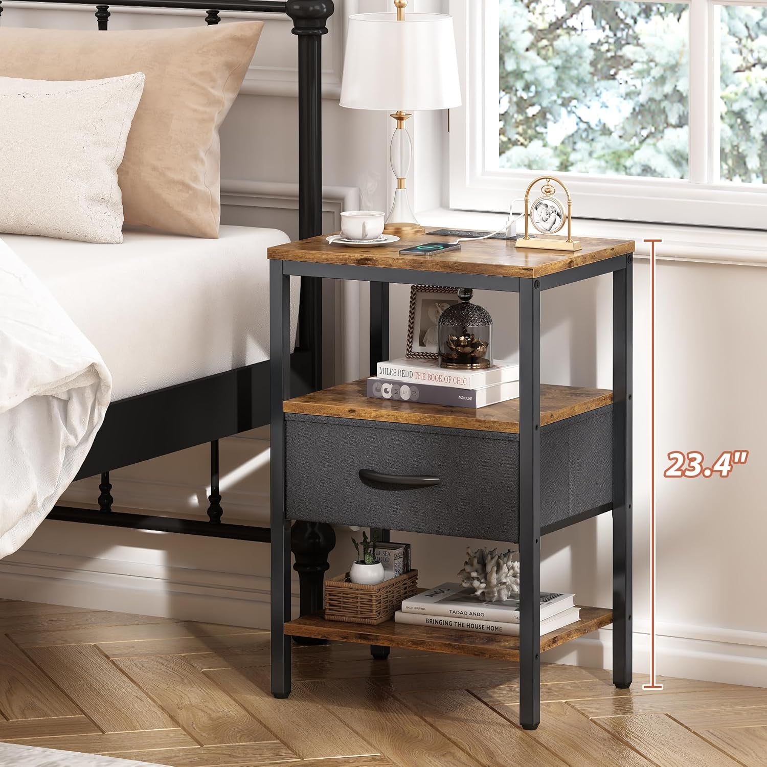 Rustic Brown and Black Nightstand with Charging Station and Adjustable Fabric Drawer, 3-Tier Storage End Table for Bedroom and Living Room