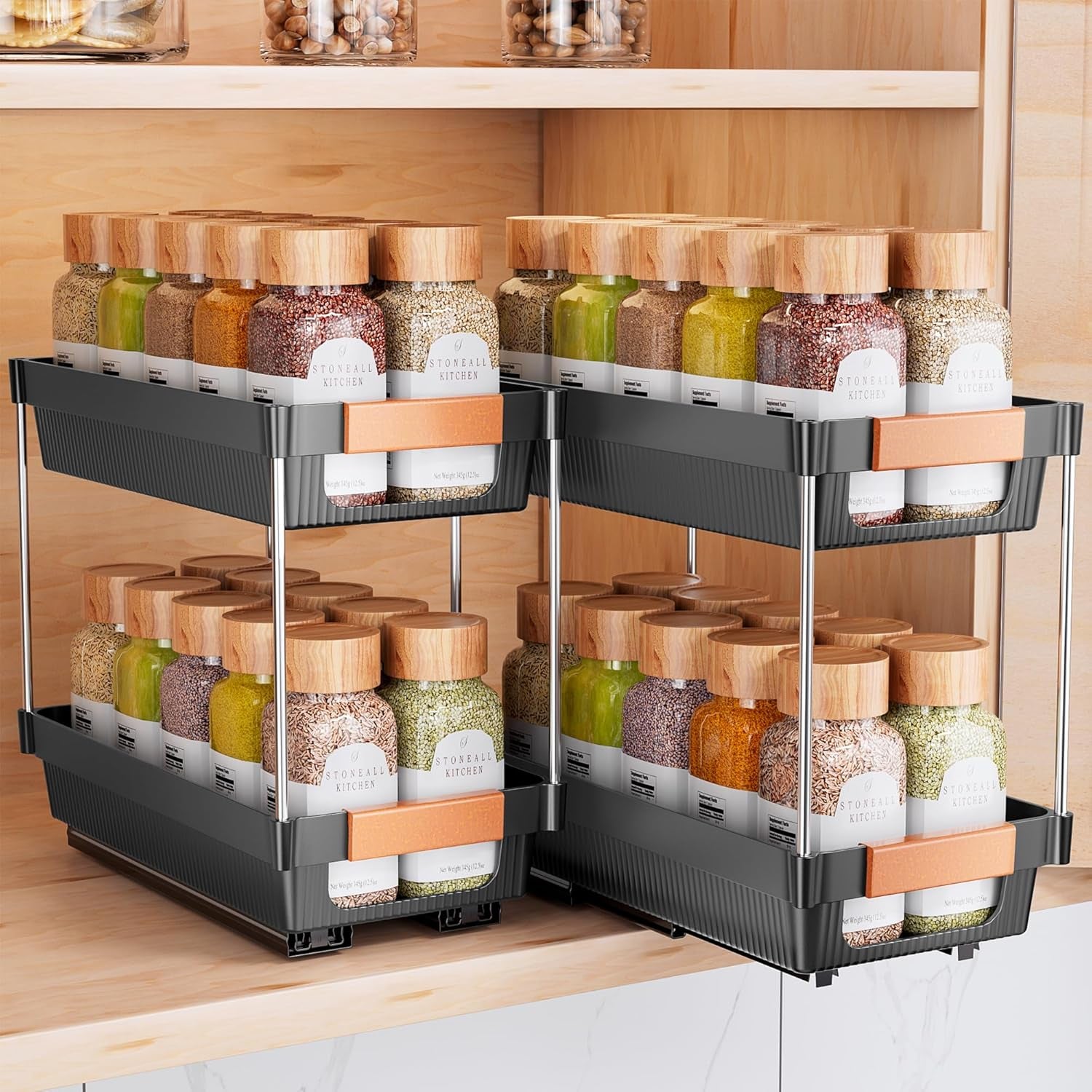 2 Pack Pull Out Spice Rack Organizer for Cabinet, 2 Tier Slide Out Spice Organization, Vertical Spice Organizer, Cabinet Size Need:12.5'' High X 11'' Deep X 5.5'' Wide(Not for Cabinet with Lip)