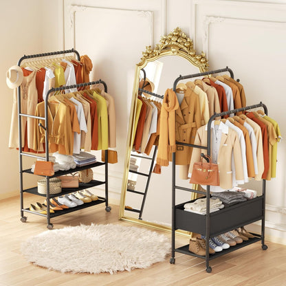 Clothes Racks for Hanging Clothes, Portable Rolling Garment Rack, Sturdy Metal Freestanding Cloths Racks with Wheels, Double Rods Wardrobe Rack for Bedroom Laundry Living Room