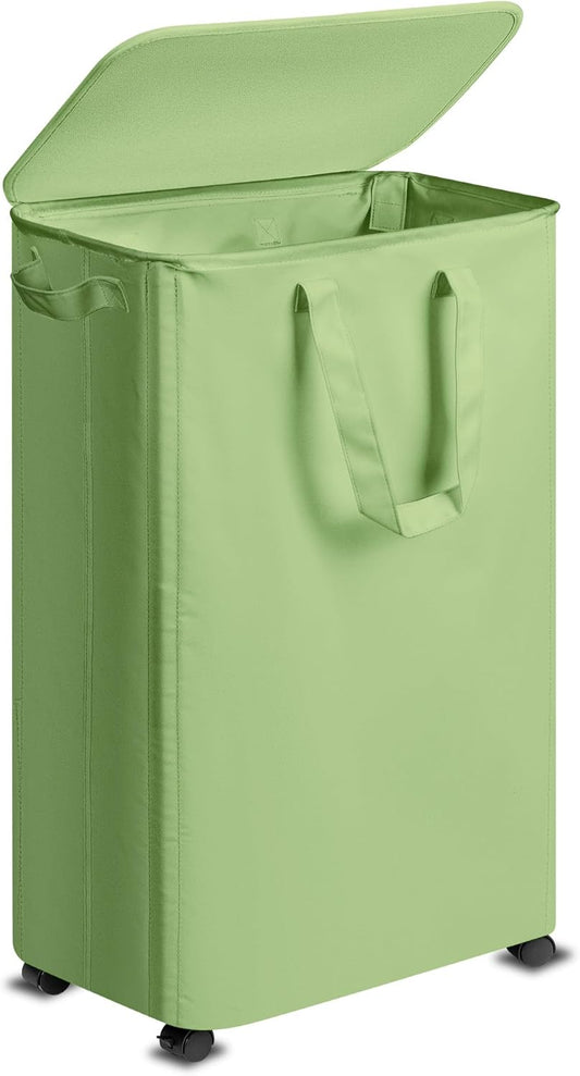 Slim Laundry Hamper with Lid and Wheels, Small Rolling Laundry Basket with Handle for Small Spaces, Tall Dirty Clothes Hampers for Dorm, Bathroom and Bedroom, 75L Sage Green