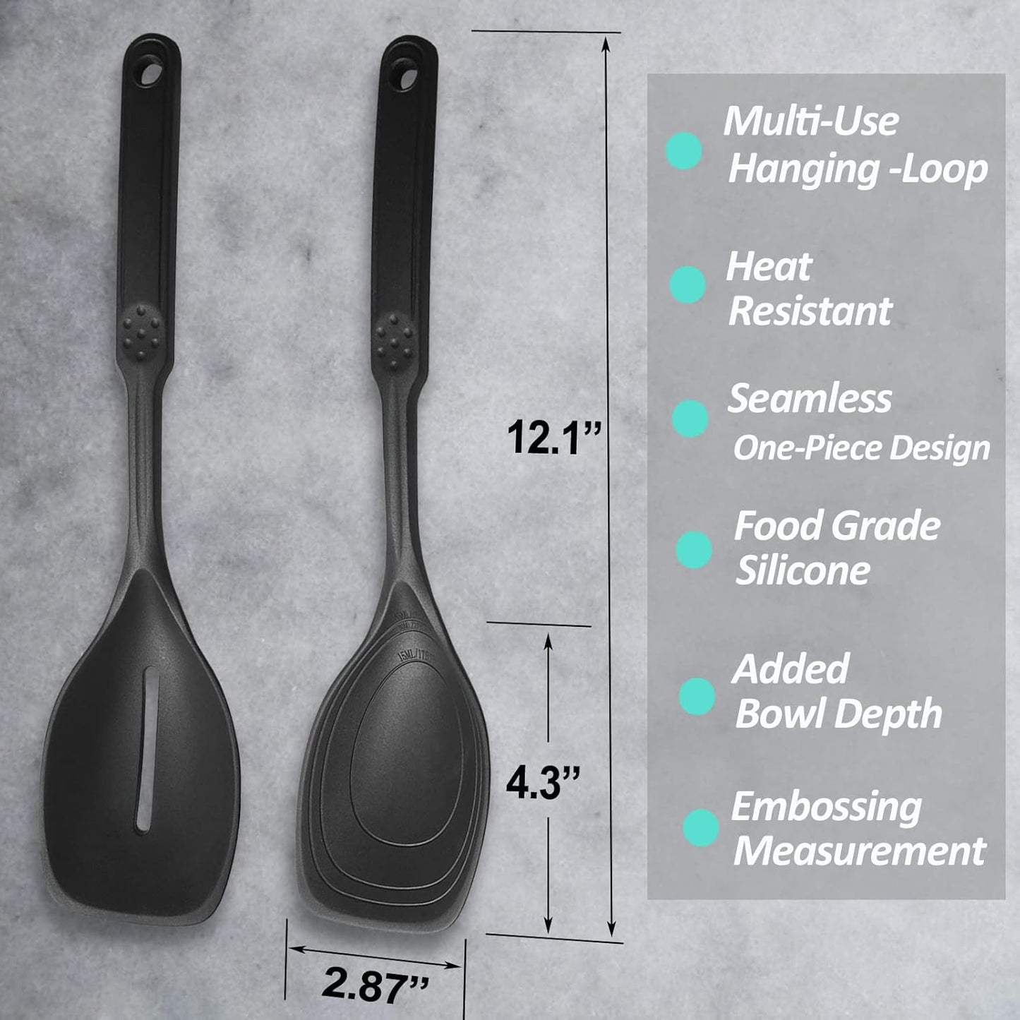 2 Pack Large Silicone Cooking Spoon, Non-Stick Slotted and Solid Spoon Set with Deep Bolw and Measurement Mark for Mixing, Serving, Draining, Scooping, Scraping, Heat Resistant Kitchen Utensils, Black