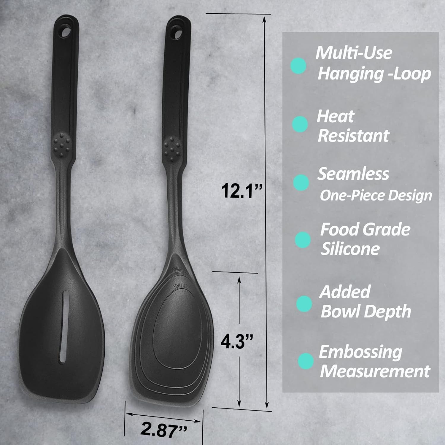 2 Pack Large Silicone Cooking Spoon, Non-Stick Slotted and Solid Spoon Set with Deep Bolw and Measurement Mark for Mixing, Serving, Draining, Scooping, Scraping, Heat Resistant Kitchen Utensils, Black