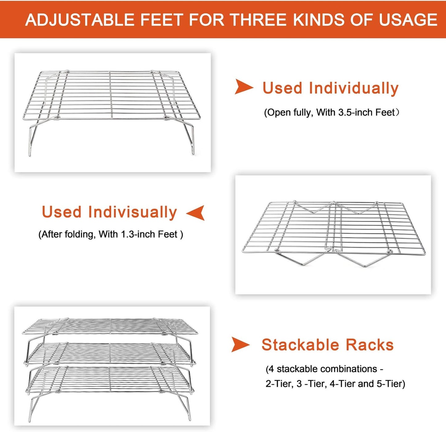 Cooling Rack, 5-Tier Stainless Steel Stackable Baking Cooking Racks for Cooling Roasting Grilling, Collapsible & Heavy Duty, Oven Safe & Easy Clean, 15" X 10", Silver