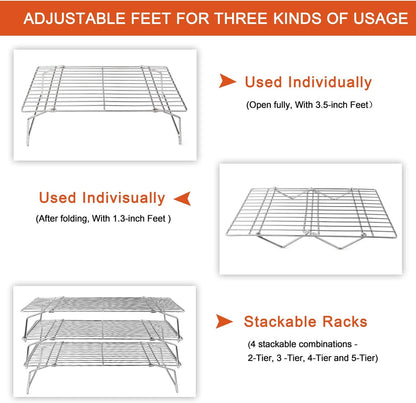 Cooling Rack, 5-Tier Stainless Steel Stackable Baking Cooking Racks for Cooling Roasting Grilling, Collapsible & Heavy Duty, Oven Safe & Easy Clean, 15" X 10", Silver