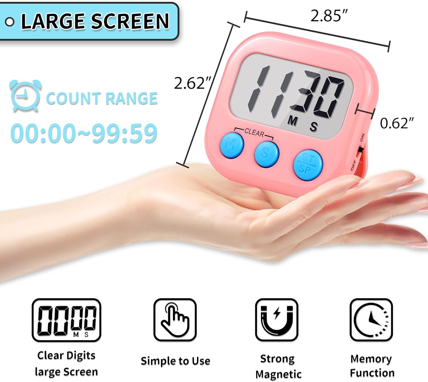 Timer for Kids Teachers Supplies Digital Kitchen Timers for Cooking Large Magnetic Classroom Timer 2Pack-Blue Pink