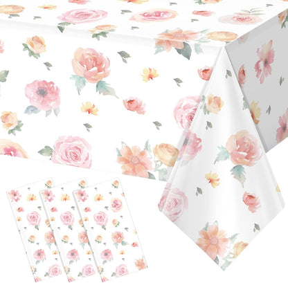 3 Pcs Spring Floral Tablecloth, Pink Wildflower Plastic Disposable Tablecloth Rectangle Table Covers for Easter, Birthday, Wedding, Baby Shower, Tea Party and Mothers Day Decorations,54 X 108 Inch