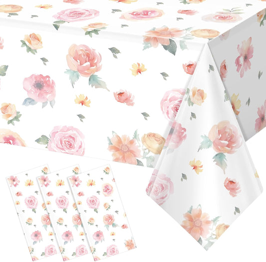 3 Pcs Spring Floral Tablecloth, Pink Wildflower Plastic Disposable Tablecloth Rectangle Table Covers for Easter, Birthday, Wedding, Baby Shower, Tea Party and Mothers Day Decorations,54 X 108 Inch