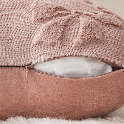 Blush Pink Bow Pillow Covers - Set of 2 Soft Plush Decorative Pillowcases for Aesthetic Room Decor, 18x18 Inches