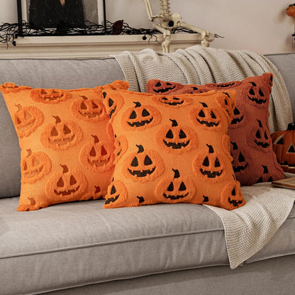Fall Halloween Throw Pillow Covers 18X18 Decorative Pumpkin Pattern Pillowcases Soft Plush Faux Wool Cushions for Home Patio Sofa Couch,Orange-Black