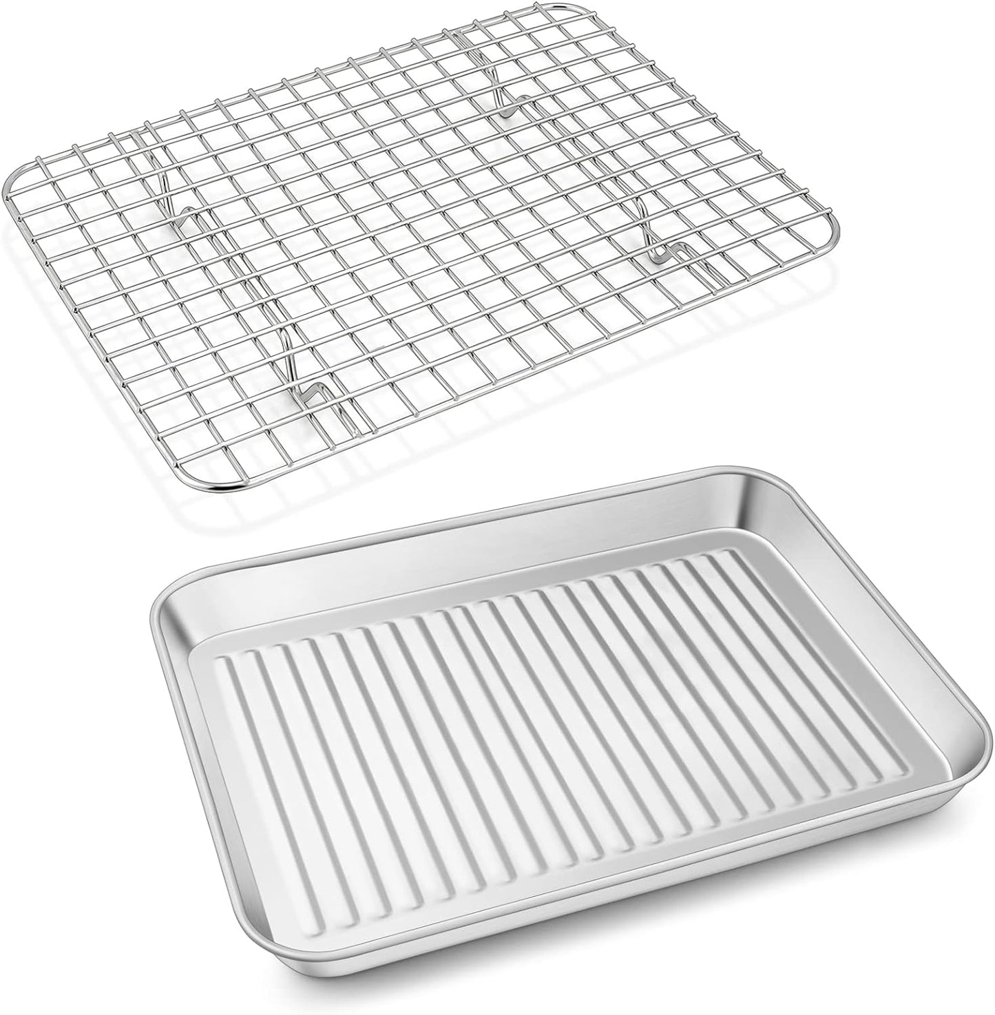 Baking Oven Pan with Wire Rack, Stainless Steel Baking Oven Sheet Tray, Bacon Pan and Cooling Rack for Cooking Roasting Cookie, Dishwasher Safe & Easy Clean, 10.5 X 8 X 1 Inch