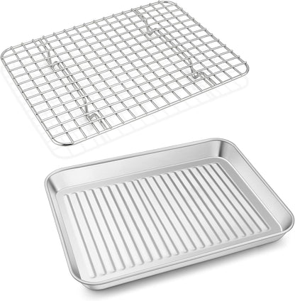 Baking Oven Pan with Wire Rack, Stainless Steel Baking Oven Sheet Tray, Bacon Pan and Cooling Rack for Cooking Roasting Cookie, Dishwasher Safe & Easy Clean, 10.5 X 8 X 1 Inch