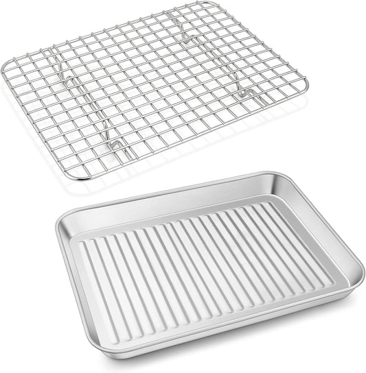 Baking Oven Pan with Wire Rack, Stainless Steel Baking Oven Sheet Tray, Bacon Pan and Cooling Rack for Cooking Roasting Cookie, Dishwasher Safe & Easy Clean, 10.5 X 8 X 1 Inch