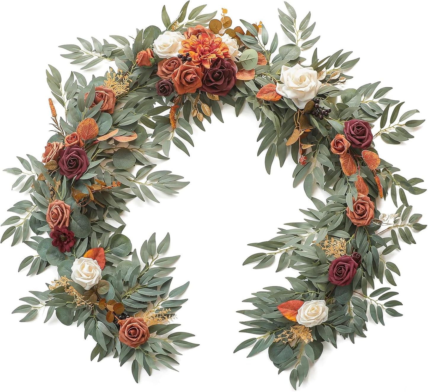 6-Foot Artificial Eucalyptus Garland with Burnt Orange Floral Accents for Table Decor, Wedding Centerpieces, and Bridal Shower Party Decorations in Terracotta