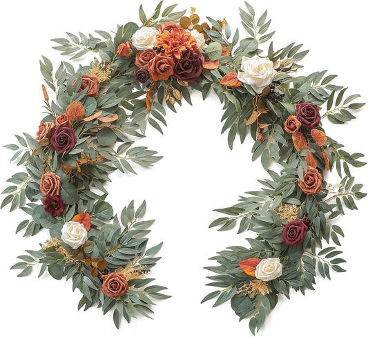 6-Foot Artificial Eucalyptus Garland with Burnt Orange Floral Accents for Table Decor, Wedding Centerpieces, and Bridal Shower Party Decorations in Terracotta