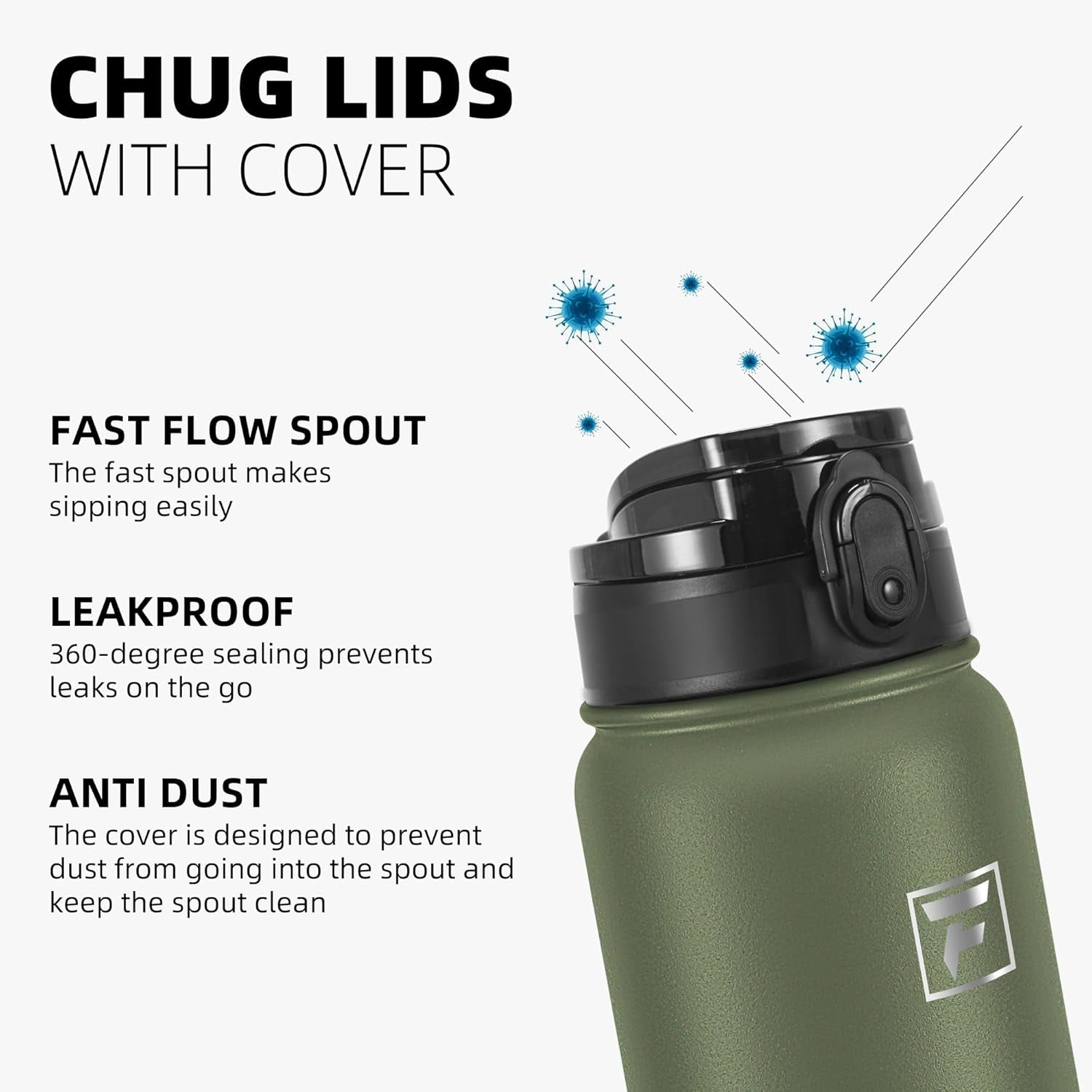 20 Oz Insulated Stainless Steel Vacuum Water Bottle with Anti-Dust Pop-Open Lid - for Kids, Women, Men | Leak & Sweat Proof (Olive Green)