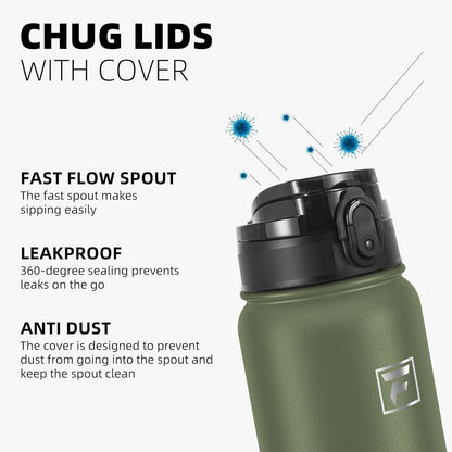 20 Oz Insulated Stainless Steel Vacuum Water Bottle with Anti-Dust Pop-Open Lid - for Kids, Women, Men | Leak & Sweat Proof (Olive Green)