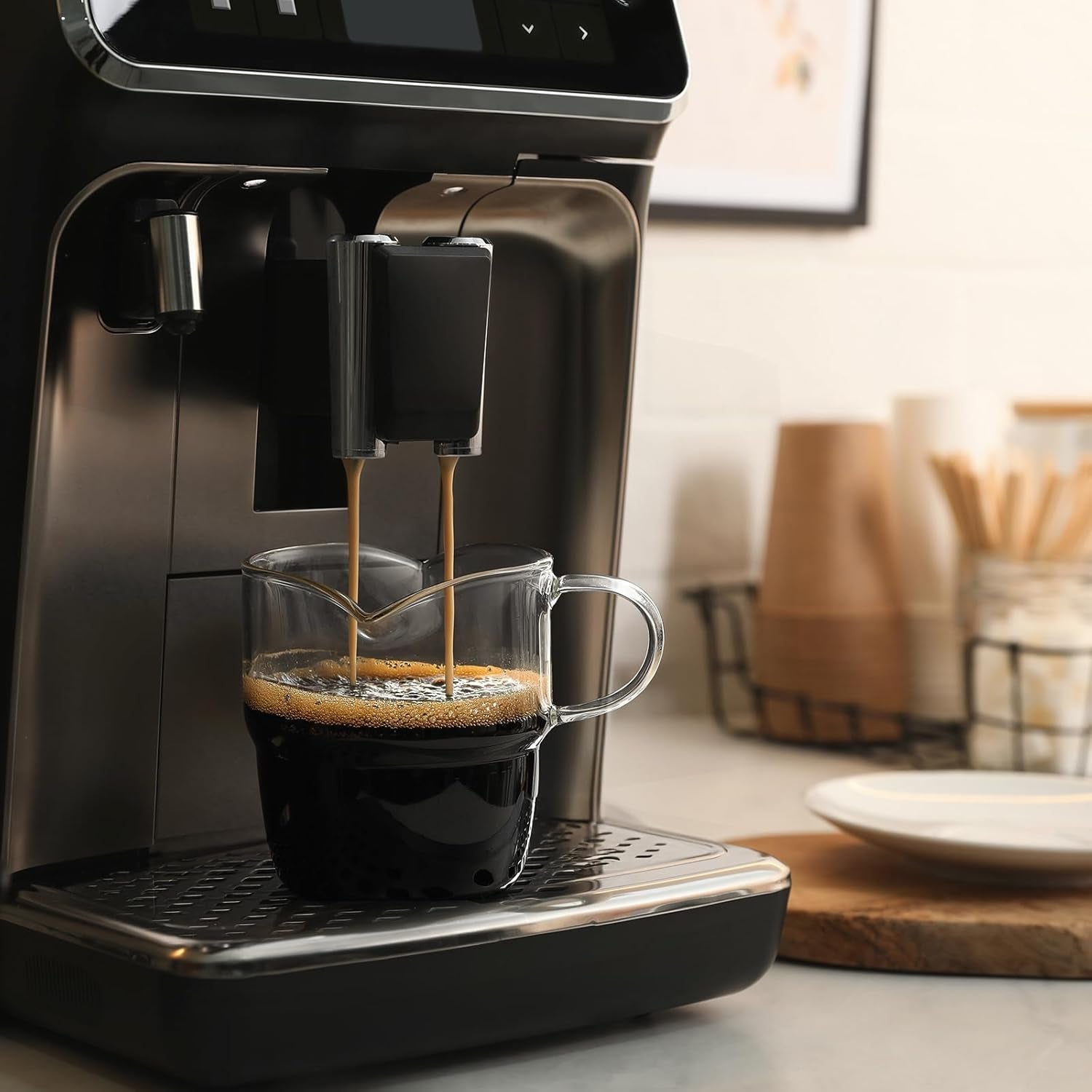 Espresso Cups Set of 2, 6 OZ Double Spouts Stackable Cups, Espresso Shots Glass Mugs with Handle, Cute Clear Glasses for Coffee Bar, Machine Accessories