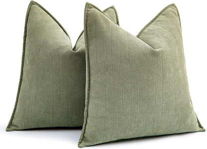 Set of 2 Sage Green Chenille Decorative Pillow Covers, 20x20 Inches, Luxurious Farmhouse Style Cushions for Sofa, Bedroom, and Living Room Decor