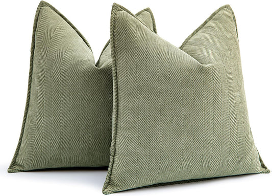 Set of 2 Sage Green Chenille Decorative Pillow Covers, 20x20 Inches, Luxurious Farmhouse Style Cushions for Sofa, Bedroom, and Living Room Decor