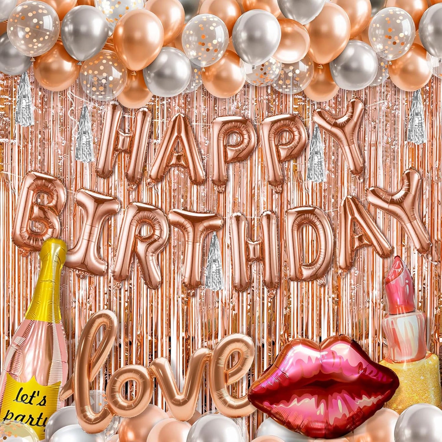 Rose Gold Birthday Decorations for Girls - Happy Birthday Banner, Fringe Backdrop, Rose Gold Balloons, Foil Letters Balloons, Decoracion De Cumpleaños Para Mujer for 13Th,18Th,21St,30Th,40Th,50Th