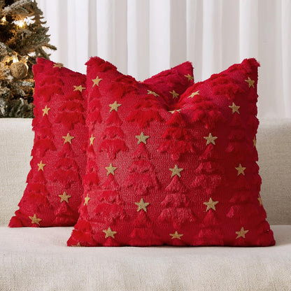 Christmas Pillow Covers 18X18 Inch Set of 2, Red Christmas Tree Plush Faux Fur Pillowcases Soft Decorative Throw Pillow Cases for Couch Sofa Living Room Winter Xmas Holiday Home Decor