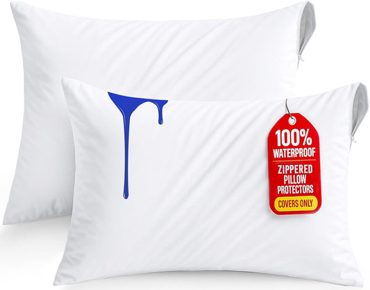 Waterproof Pillow Protectors Zippered Standard Size (2 Pack, White), Zippered Pillowcases, Bed Bug Proof Pillow Encasement Covers 20 X 26 Inches