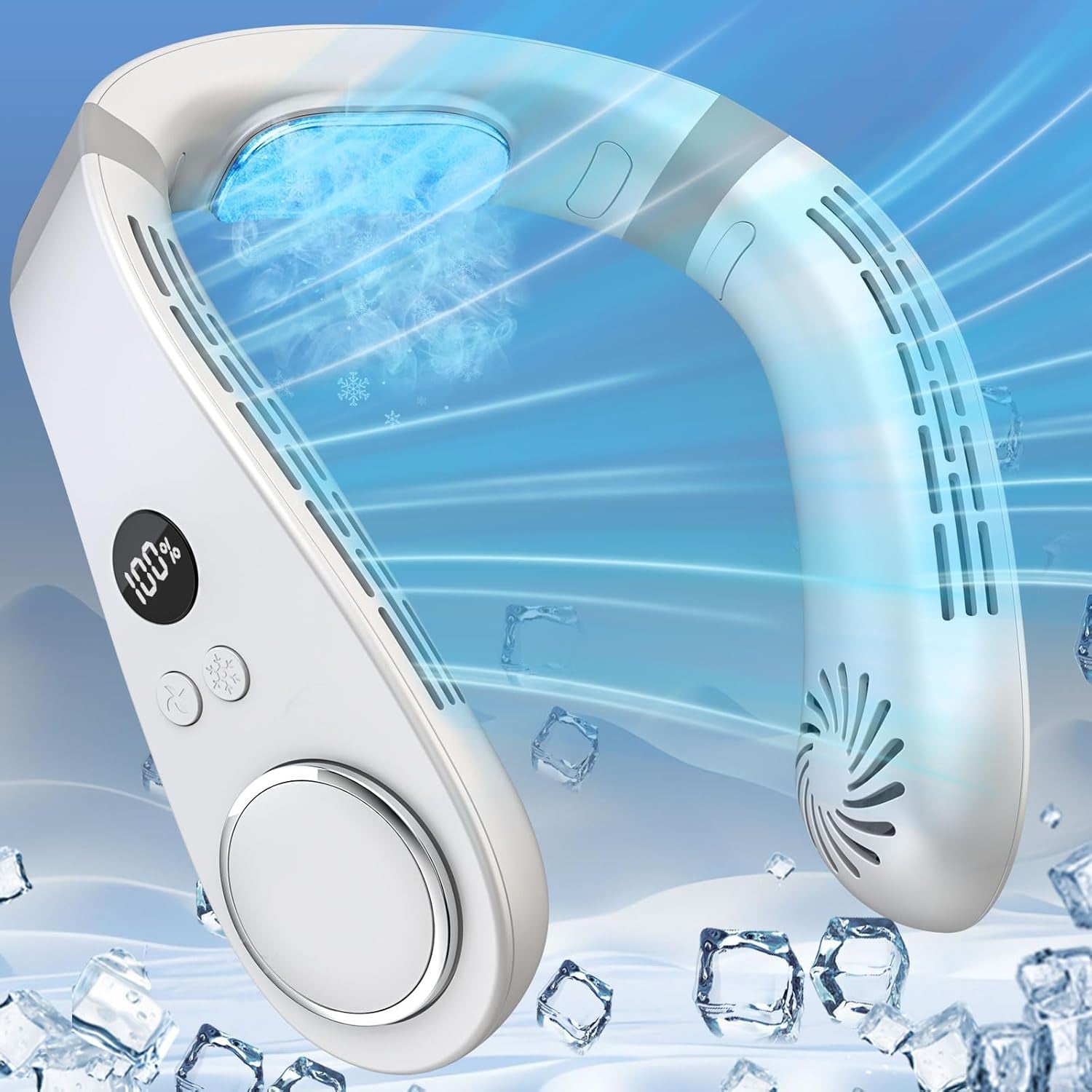 Neck Fans That Blow Cold Air Rechargeable,Neck Fan Air Conditioner Personal Cooling Device,Portable Battery Powered Silent Headphones round Leafless Necklace AC Fan for Women Men Adults Kids White