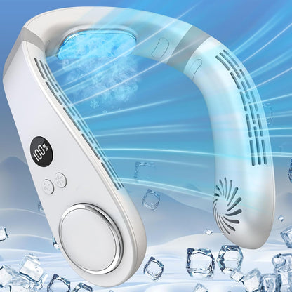 Neck Fans That Blow Cold Air Rechargeable,Neck Fan Air Conditioner Personal Cooling Device,Portable Battery Powered Silent Headphones round Leafless Necklace AC Fan for Women Men Adults Kids White