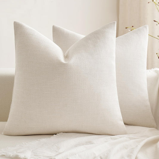 Pack of 2 Decorative Farmhouse Linen Pillow Covers Rustic Boho Accent Outdoor Couch Throw Pillow Covers for Cushion Bed Sofa Living Room Home Decor 18X18 Inch Ivory