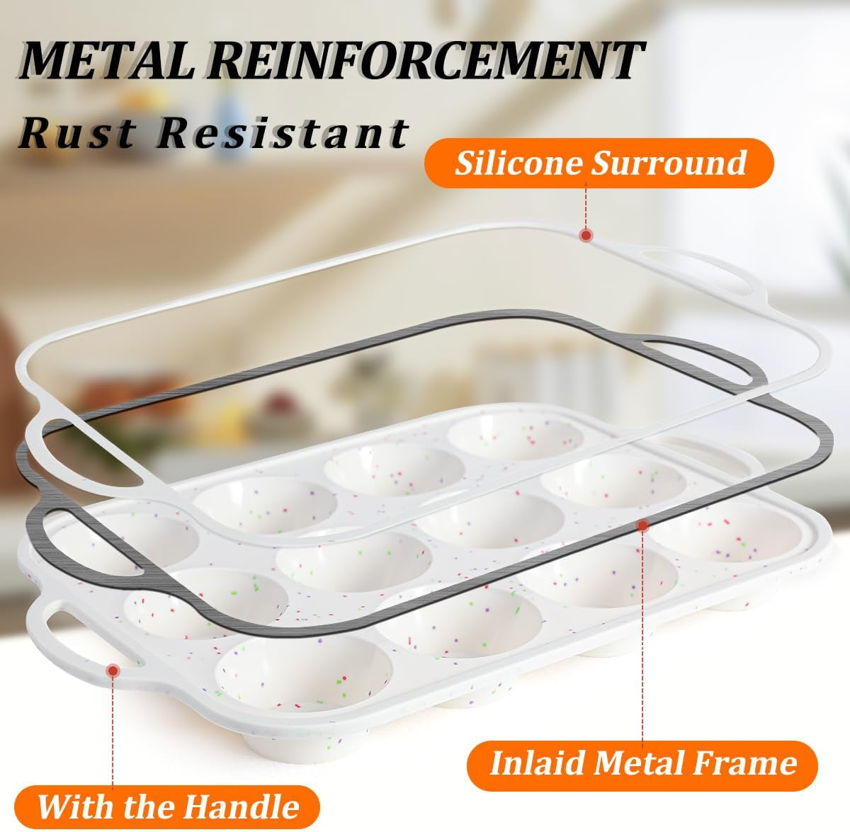 Silicone Muffin Pan, Metal Reinforced Frame Regular Size 2.8 Inch Cupcake Pan with Handle 12 Cups Nonstick Muffin Tray for Baking BPA Free 1 Pack Confetti
