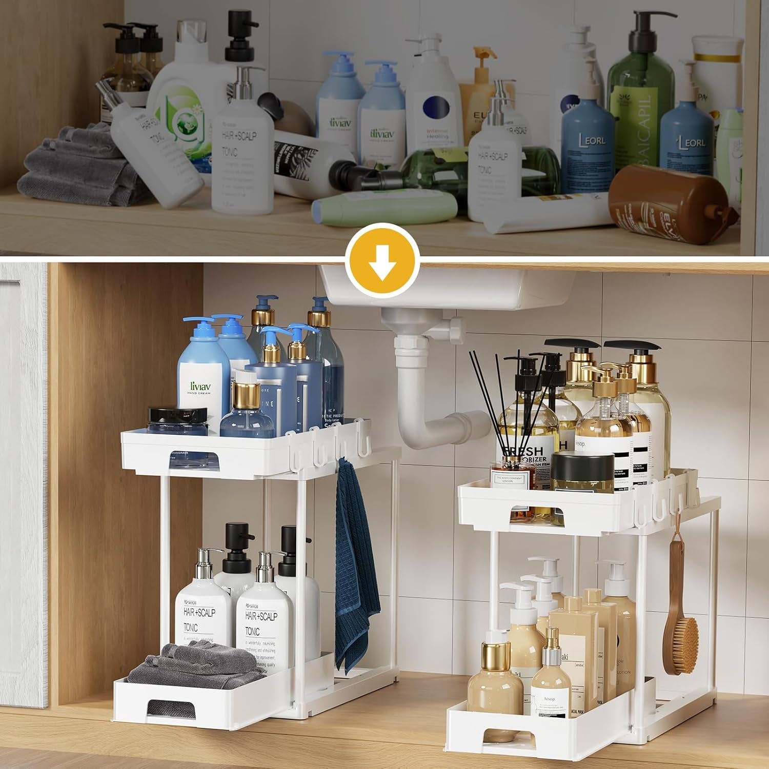under Sink Organizers and Storage, 2 Pack Pull Out Kitchen Bathroom Cabinet Organizer, 2 Tier White under Sink Storage for Bathroom Kitchen, under Counter Storage Organizer with 8 Hooks