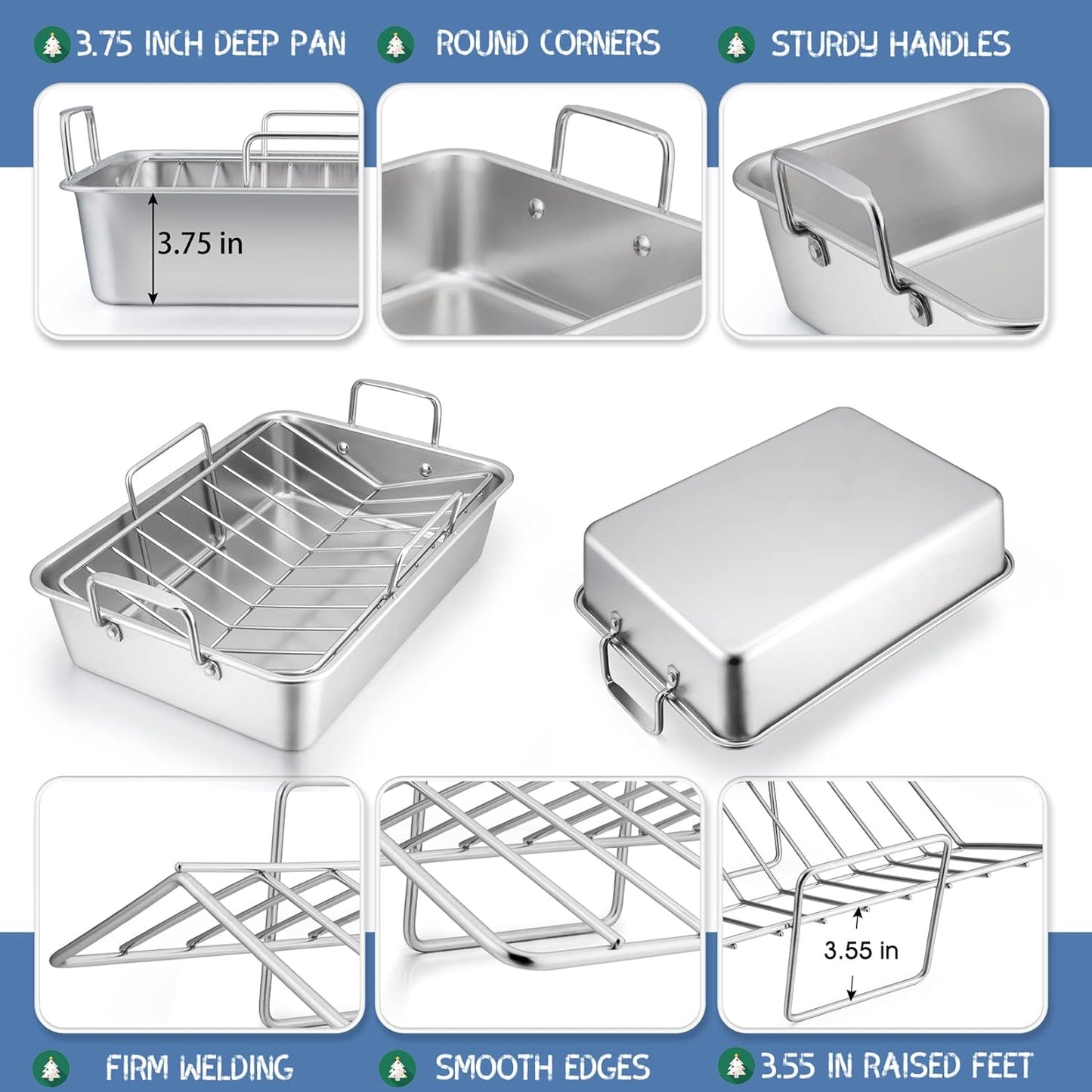 16" Roasting Pan with Rack, 7 PCS  Stainless Steel Roaster Lasagna Pan with Cooling Flat & V-Shaped Baking Rack, Grilling Chicken Holder, Meat Shredding Claws, Dishwasher & Oven Safe