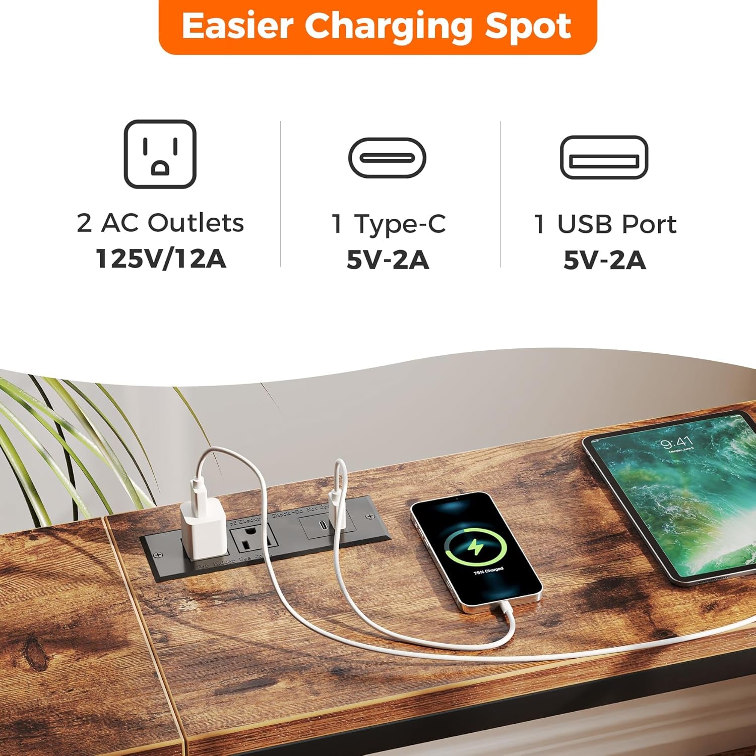 70-Inch Rustic Brown Console Table with Built-in Charging Station, Ideal for Living Room and Entryway Spaces