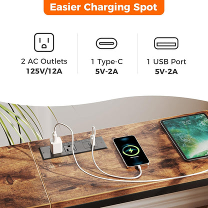 70-Inch Rustic Brown Console Table with Built-in Charging Station, Ideal for Living Room and Entryway Spaces