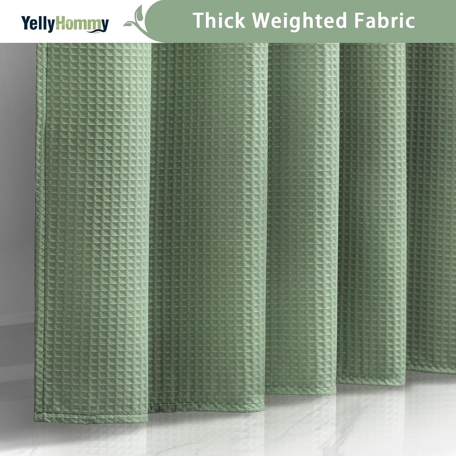 Cotton Touch Shower Curtain Heavy Duty Green Waffle Textured Shower Curtain with Hooks 54 Wx78 L