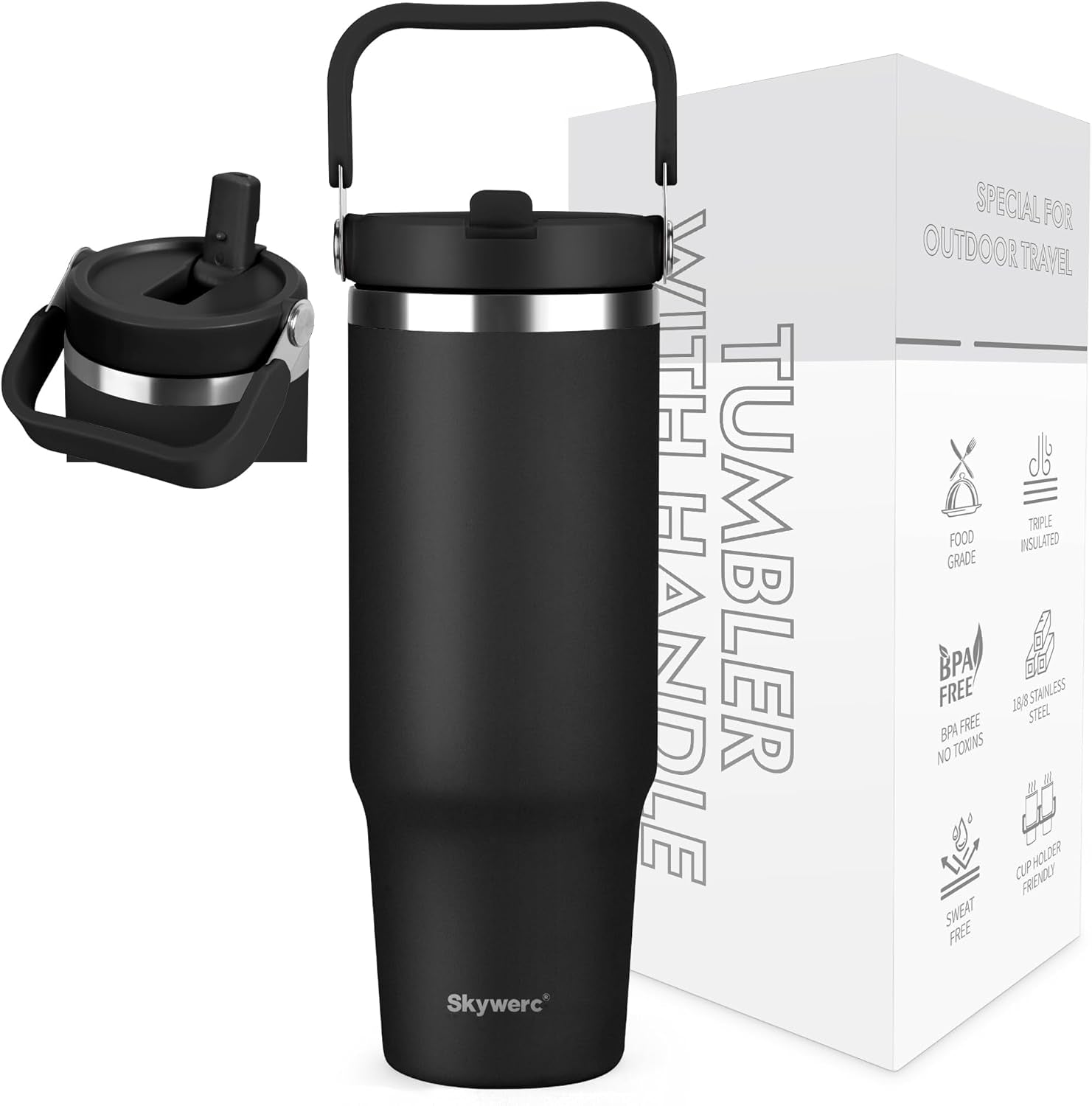 30 Oz Tumbler with Handle and Straw | Vacuum Insulated Water Bottles with Flip Straw and Top Handle | Stainless Steel Travel Mug Reusable Insulated Cup for Home, Outdoors | Cold for 30 Hours | Black