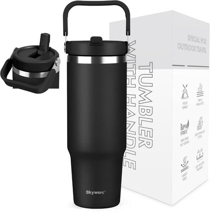 30 Oz Tumbler with Handle and Straw | Vacuum Insulated Water Bottles with Flip Straw and Top Handle | Stainless Steel Travel Mug Reusable Insulated Cup for Home, Outdoors | Cold for 30 Hours | Black