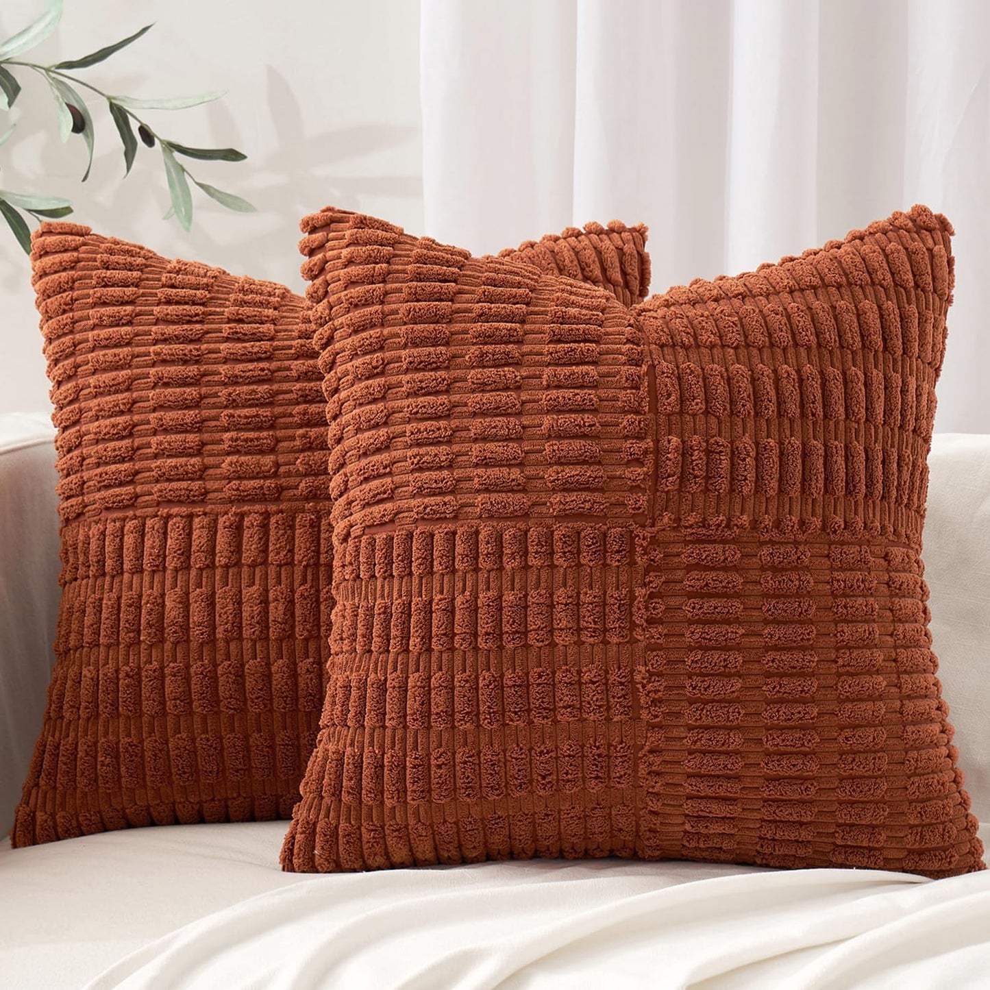 Fall Set of 2 Dark Rust Decorative Pillow Covers 18X18 Inch Textured Striped Patchwork Accents Farmhouse Boho Soft Corduroy Couch Pillows for Sofa Living Room Bed Home Decor